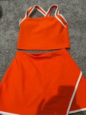 Abercrombie & Fitch Orange Two-Piece Crop Top and Skirt Set with White Trim